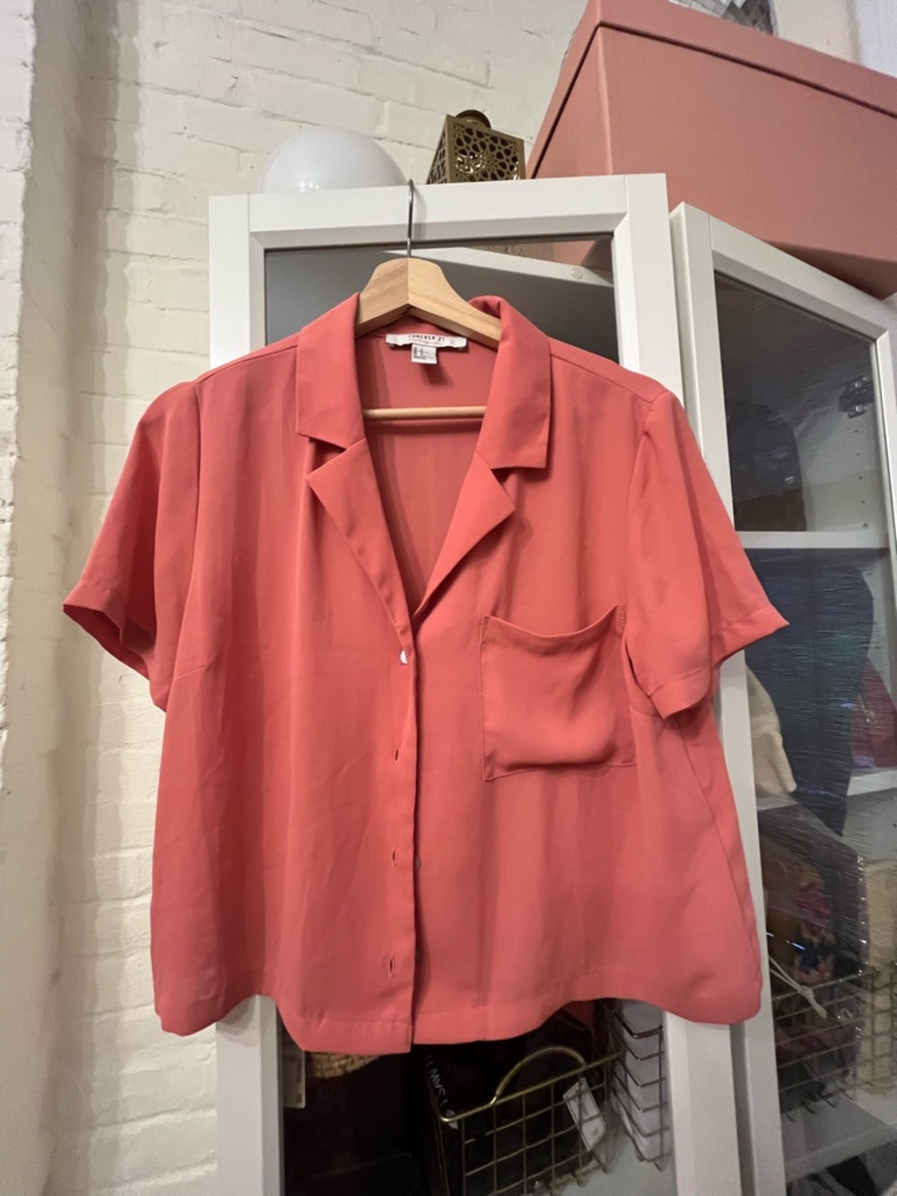 Forever21 Salmon Button-Up Short Sleeve Blouse